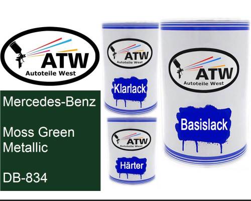 Mercedes-Benz, Moss Green Metallic, DB-834: 500ml Lackdose + 500ml Klarlack + 250ml Härter - Set, von ATW Autoteile West.